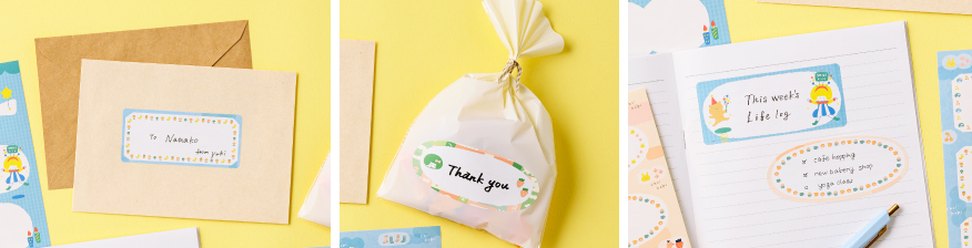 「mizutama」さんとのコラボレーションシリーズ ちょい書きシールのラインアップ