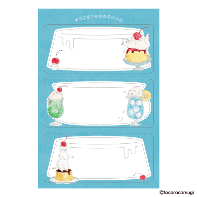 トコロコムギ ちょい書きシール 長方形 ぷるぷるプリンとソーダにゃんこの画像02