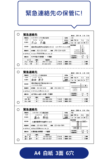 A4  白紙  3面  6穴：緊急連絡先の保管に！